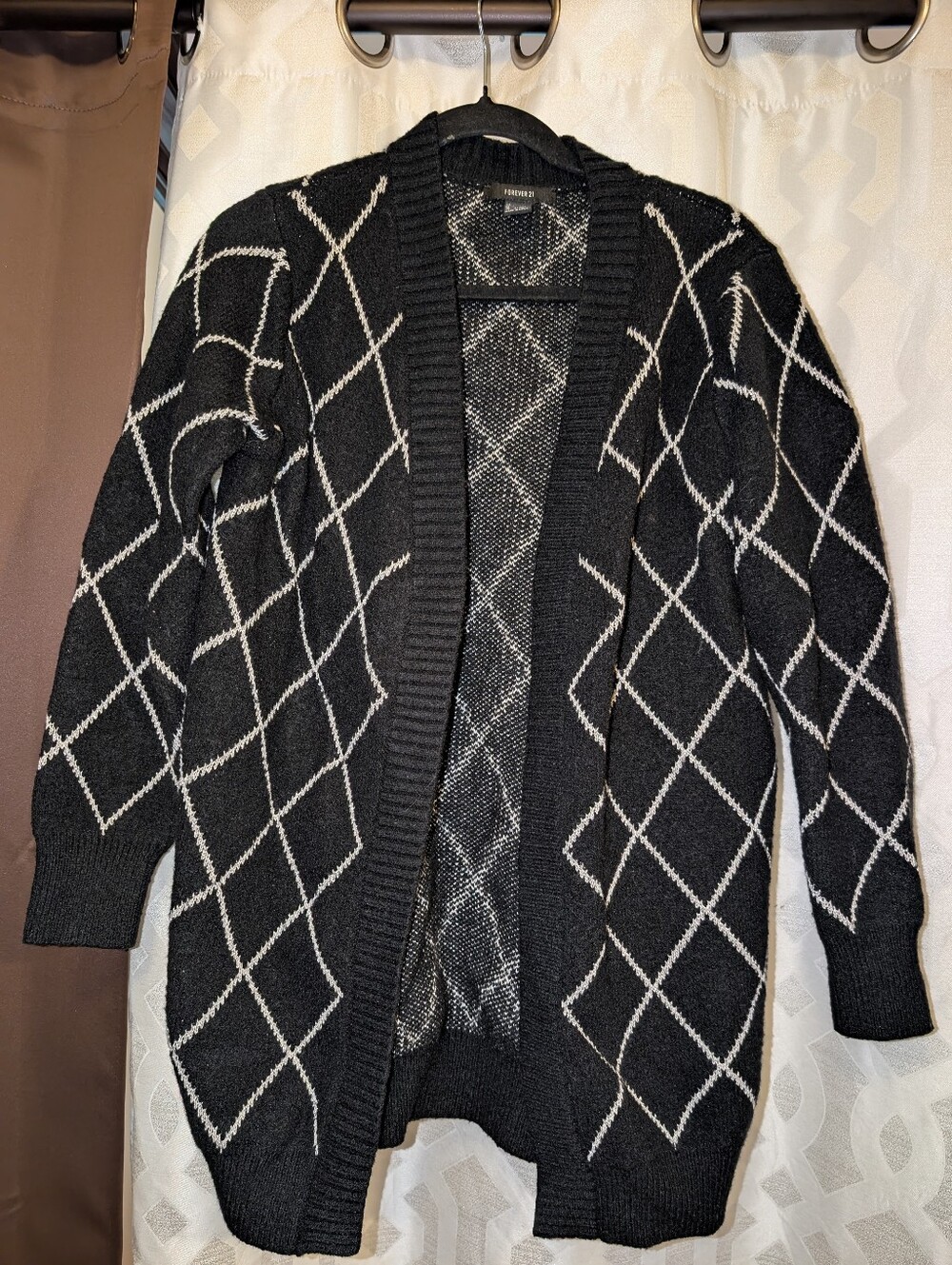 Forever 21 Black Open-Front Cardigan with White Diamond Pattern